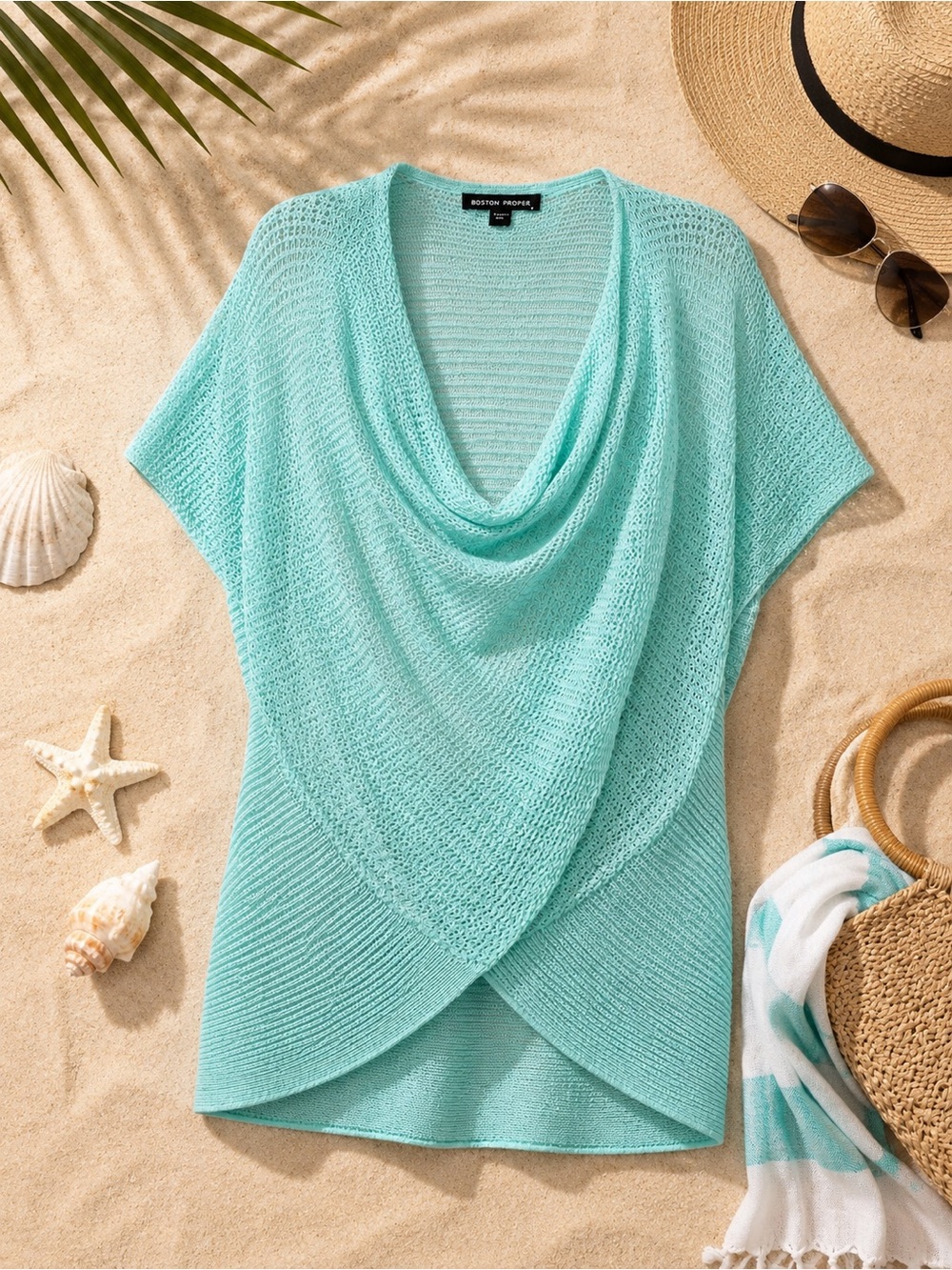 Boston Proper Aqua Open Knit Cover Up Sweater Beach Resort Boho Coastal